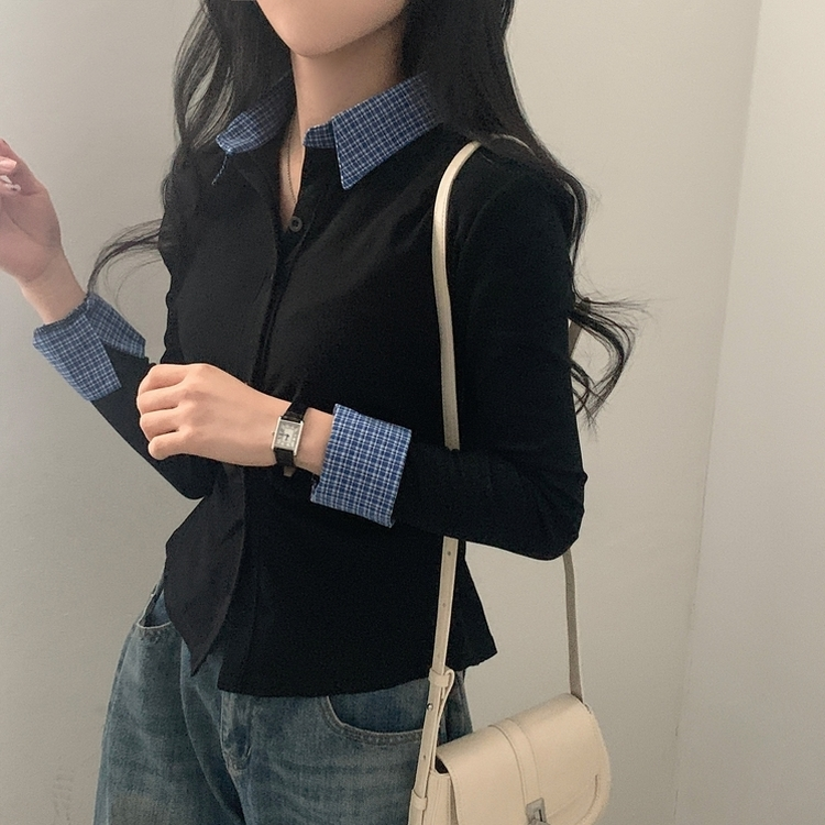 チェックシャーリングレイヤードボタン長袖Tシャツ BLACK