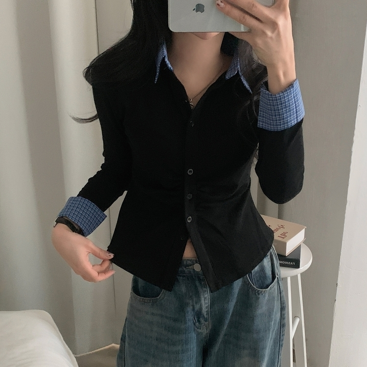 チェックシャーリングレイヤードボタン長袖Tシャツ BLACK