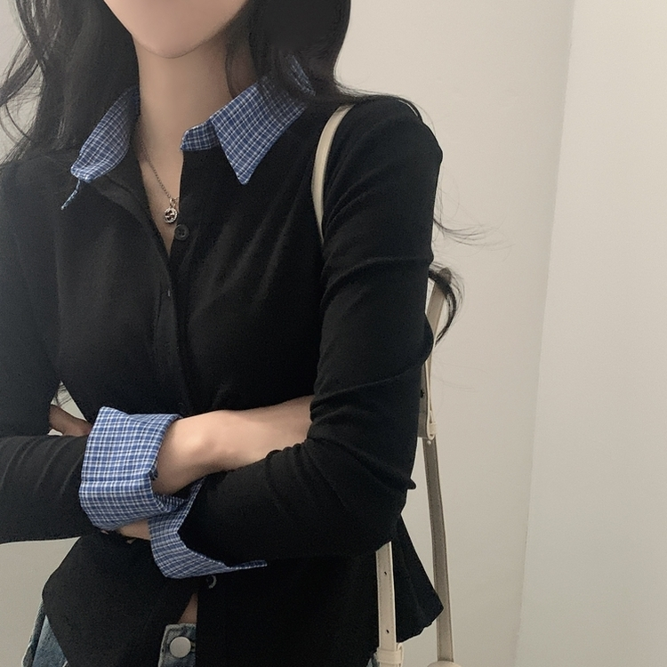 레이디 체크 셔링 레이어드 롱슬리브 버튼 긴팔티셔츠 - 4color 블랙