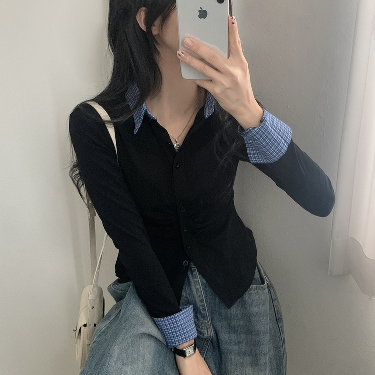 레이디 체크 셔링 레이어드 롱슬리브 버튼 긴팔티셔츠 - 4color 블랙