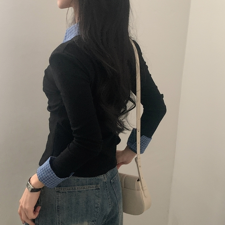 레이디 체크 셔링 레이어드 롱슬리브 버튼 긴팔티셔츠 - 4color 블랙