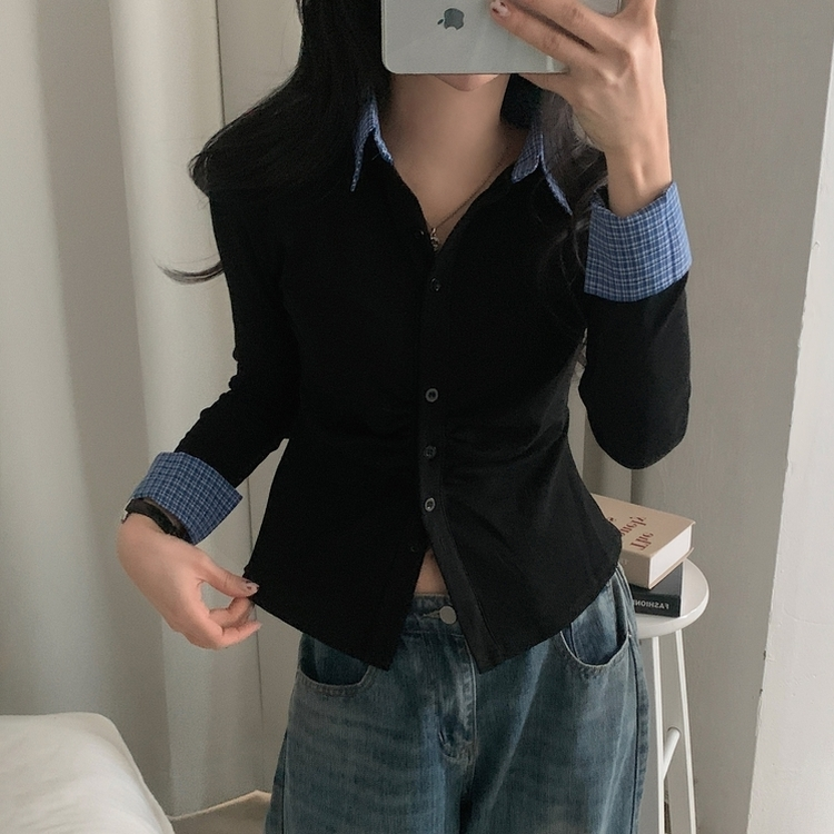 레이디 체크 셔링 레이어드 롱슬리브 버튼 긴팔티셔츠 - 4color 블랙
