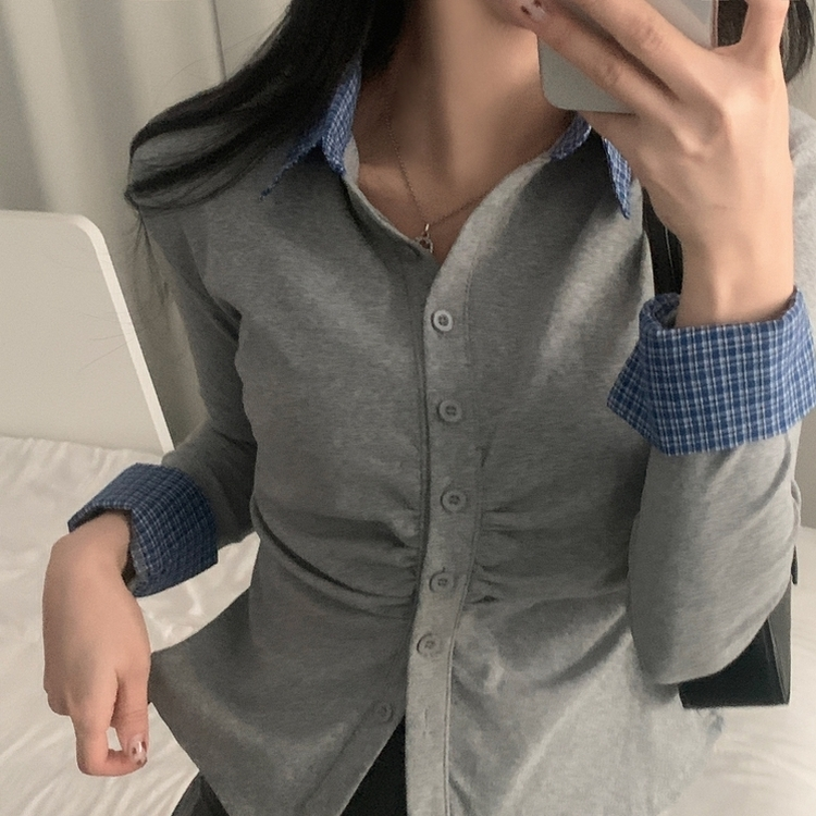레이디 체크 셔링 레이어드 롱슬리브 버튼 긴팔티셔츠 - 4color 그레이
