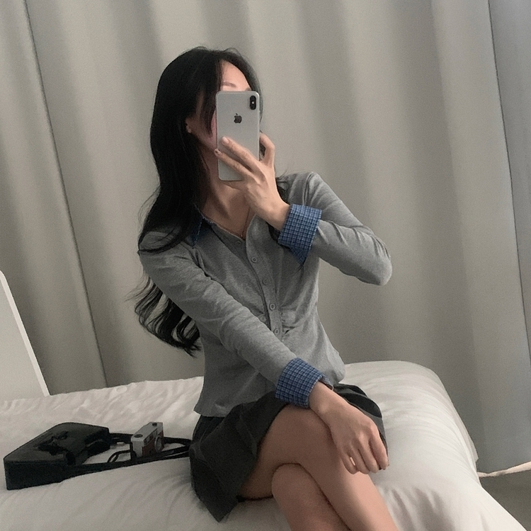 레이디 체크 셔링 레이어드 롱슬리브 버튼 긴팔티셔츠 - 4color 그레이