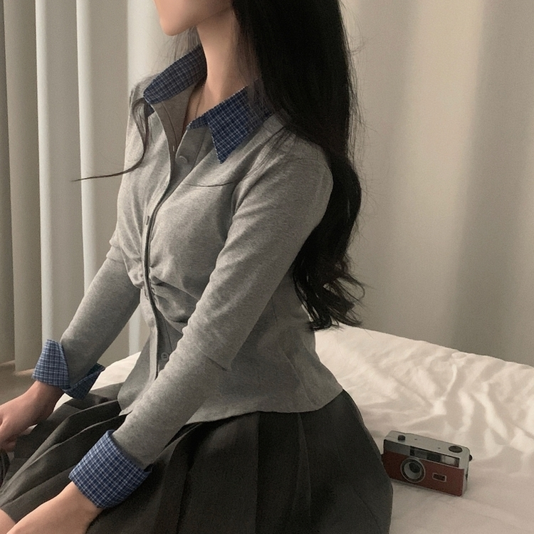 레이디 체크 셔링 레이어드 롱슬리브 버튼 긴팔티셔츠 - 4color 그레이