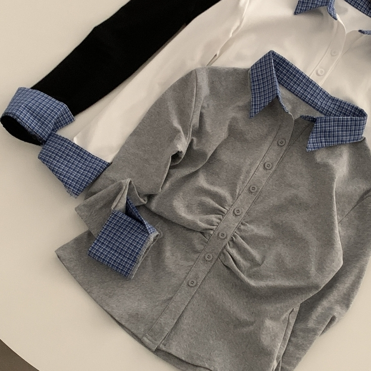 레이디 체크 셔링 레이어드 롱슬리브 버튼 긴팔티셔츠 - 4color