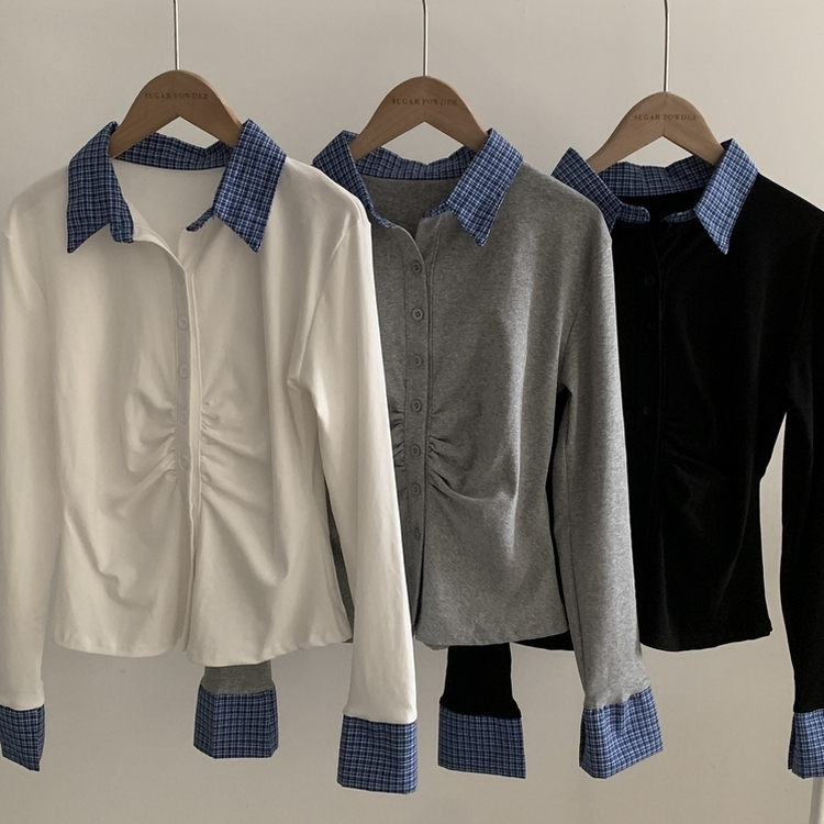 레이디 체크 셔링 레이어드 롱슬리브 버튼 긴팔티셔츠 - 4color