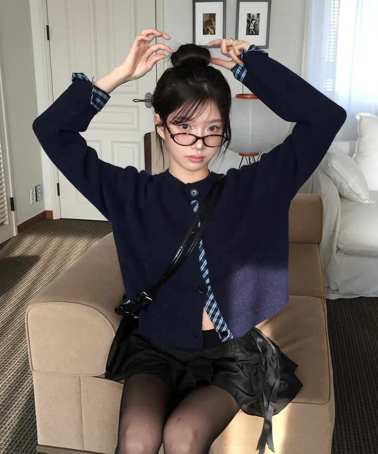 チェックバイカラーニットカーディガン(5color) NAVY