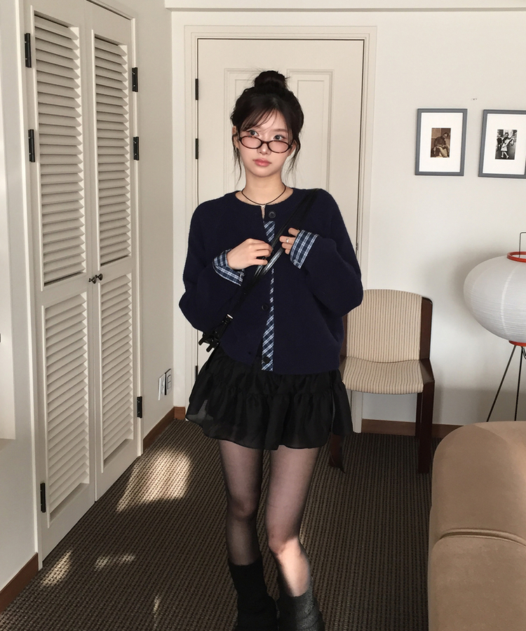チェックバイカラーニットカーディガン(5color) NAVY