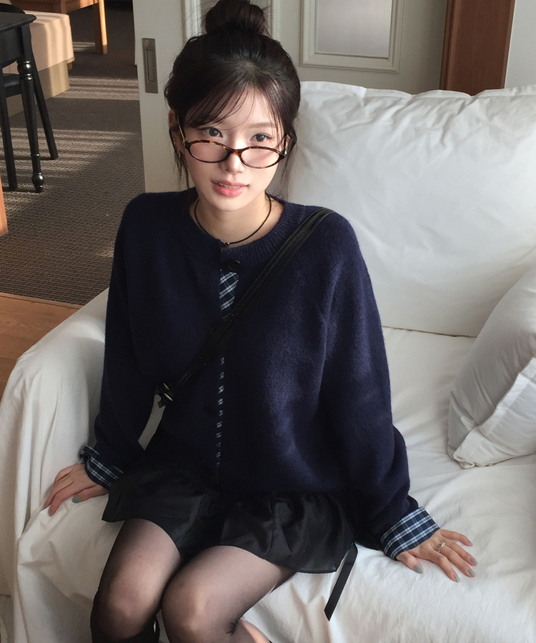チェックバイカラーニットカーディガン(5color) NAVY