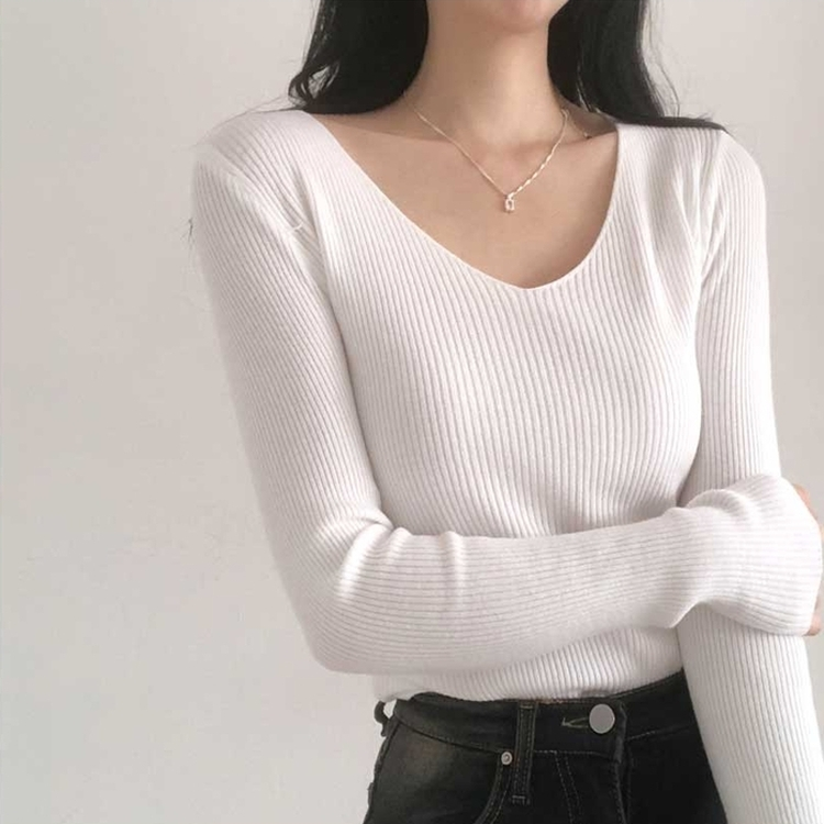 쫀쫀 몸매보정 기본 데일리 브이넥 골지 니트