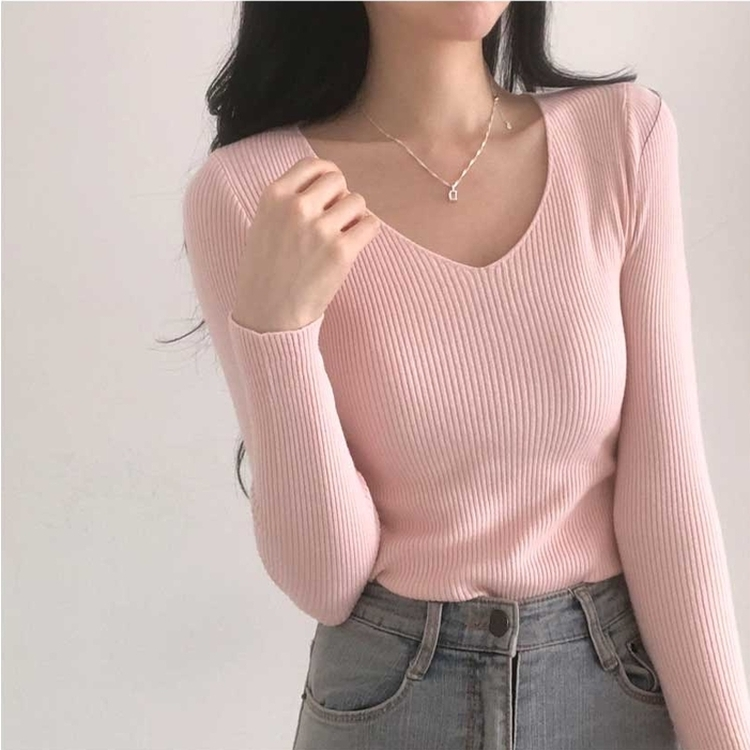 쫀쫀 몸매보정 기본 데일리 브이넥 골지 니트