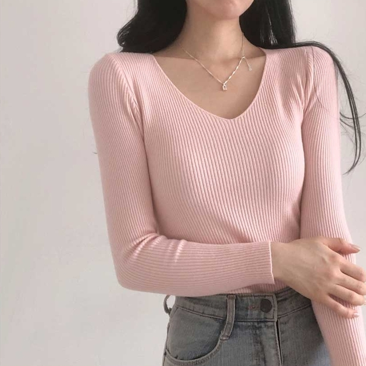 쫀쫀 몸매보정 기본 데일리 브이넥 골지 니트