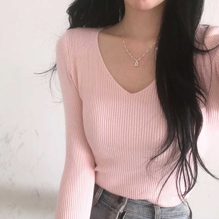 쫀쫀 몸매보정 기본 데일리 브이넥 골지 니트