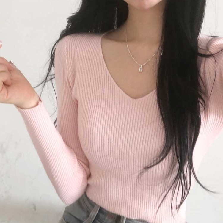 쫀쫀 몸매보정 기본 데일리 브이넥 골지 니트