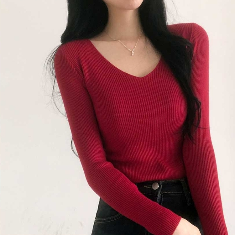 쫀쫀 몸매보정 기본 데일리 브이넥 골지 니트