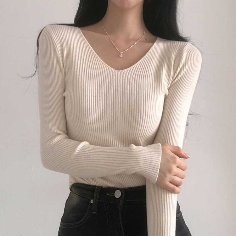 쫀쫀 몸매보정 기본 데일리 브이넥 골지 니트