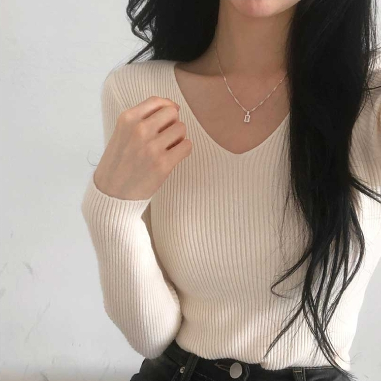 쫀쫀 몸매보정 기본 데일리 브이넥 골지 니트