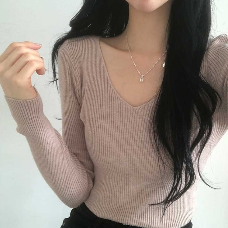 쫀쫀 몸매보정 기본 데일리 브이넥 골지 니트