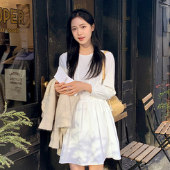 (ウエスト調節/華奢見え) クレフピンタックストリング長袖ミニワンピース IVORY