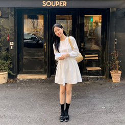 (ウエスト調節/華奢見え) クレフピンタックストリング長袖ミニワンピース IVORY