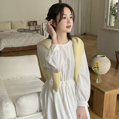 (ウエスト調節/華奢見え) クレフピンタックストリング長袖ミニワンピース IVORY