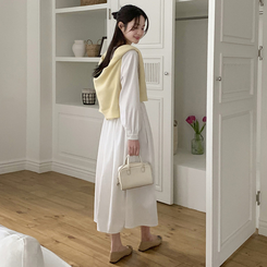 (ウエスト調節/華奢見え) クレフピンタックストリング長袖ミニワンピース IVORY