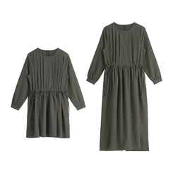 (ウエスト調節/華奢見え) クレフピンタックストリング長袖ミニワンピース