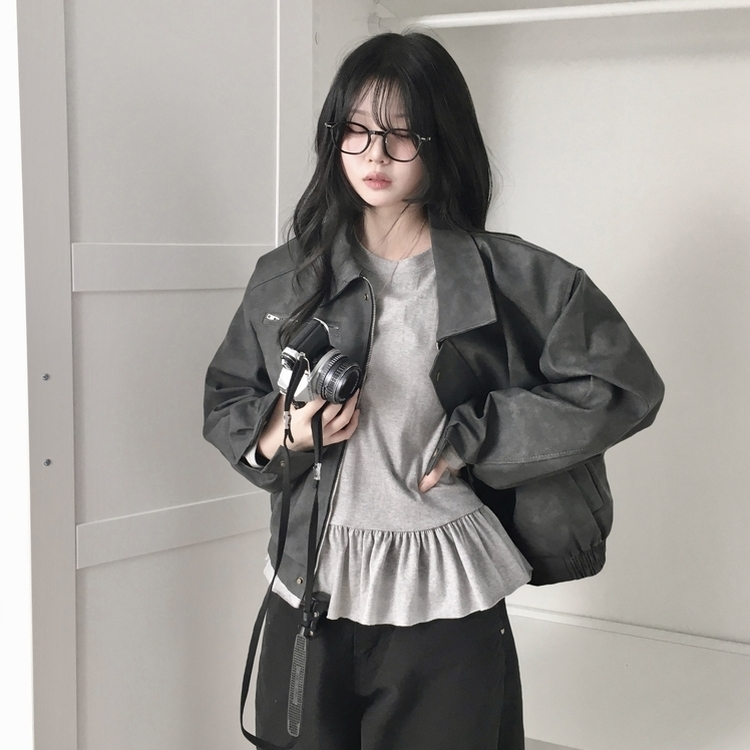 소프트 세미크롭 스웨이드 레더 빈티지 워싱 집업 카라 자켓 먹색