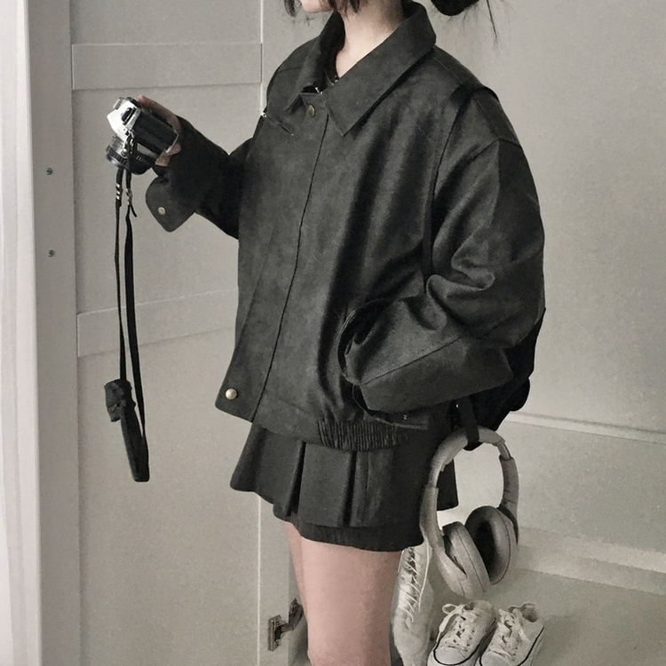 소프트 세미크롭 스웨이드 레더 빈티지 워싱 집업 카라 자켓 먹색