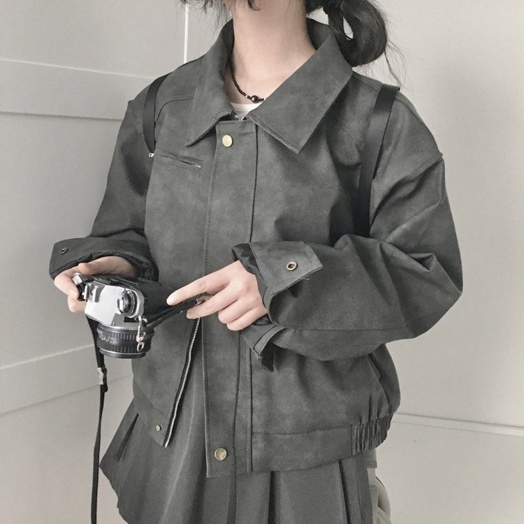 소프트 세미크롭 스웨이드 레더 빈티지 워싱 집업 카라 자켓 먹색