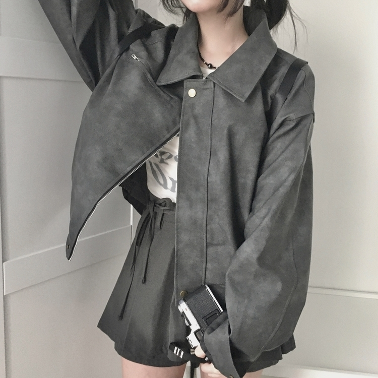 소프트 세미크롭 스웨이드 레더 빈티지 워싱 집업 카라 자켓 먹색