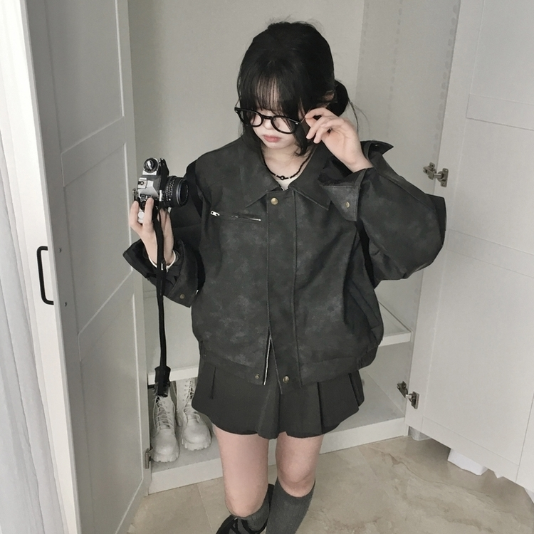 소프트 세미크롭 스웨이드 레더 빈티지 워싱 집업 카라 자켓 먹색