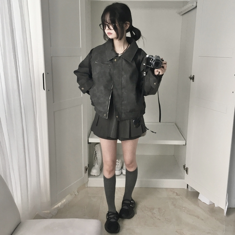 소프트 세미크롭 스웨이드 레더 빈티지 워싱 집업 카라 자켓 먹색