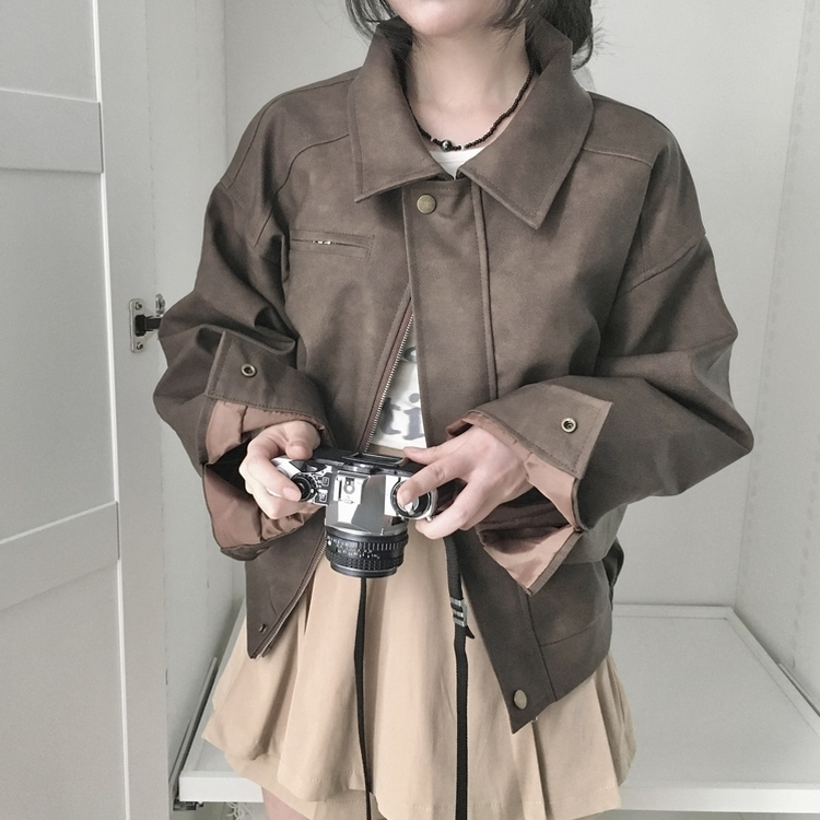 소프트 세미크롭 스웨이드 레더 빈티지 워싱 집업 카라 자켓 밤색