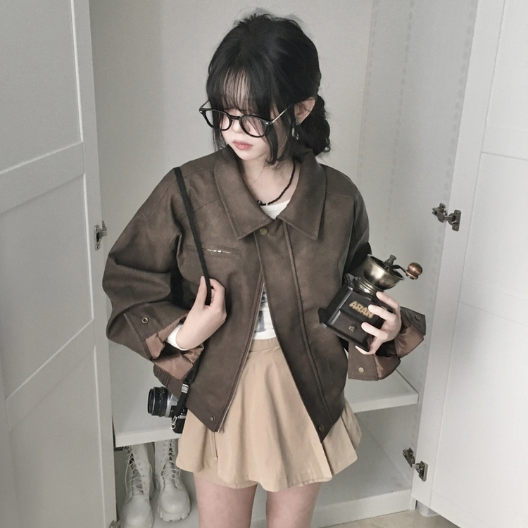 소프트 세미크롭 스웨이드 레더 빈티지 워싱 집업 카라 자켓 밤색