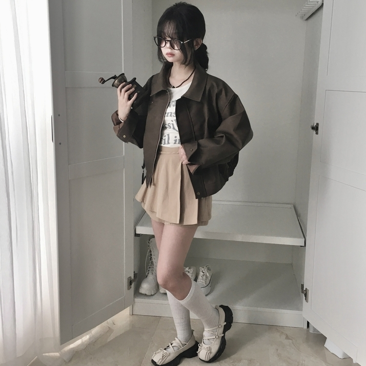 소프트 세미크롭 스웨이드 레더 빈티지 워싱 집업 카라 자켓 밤색