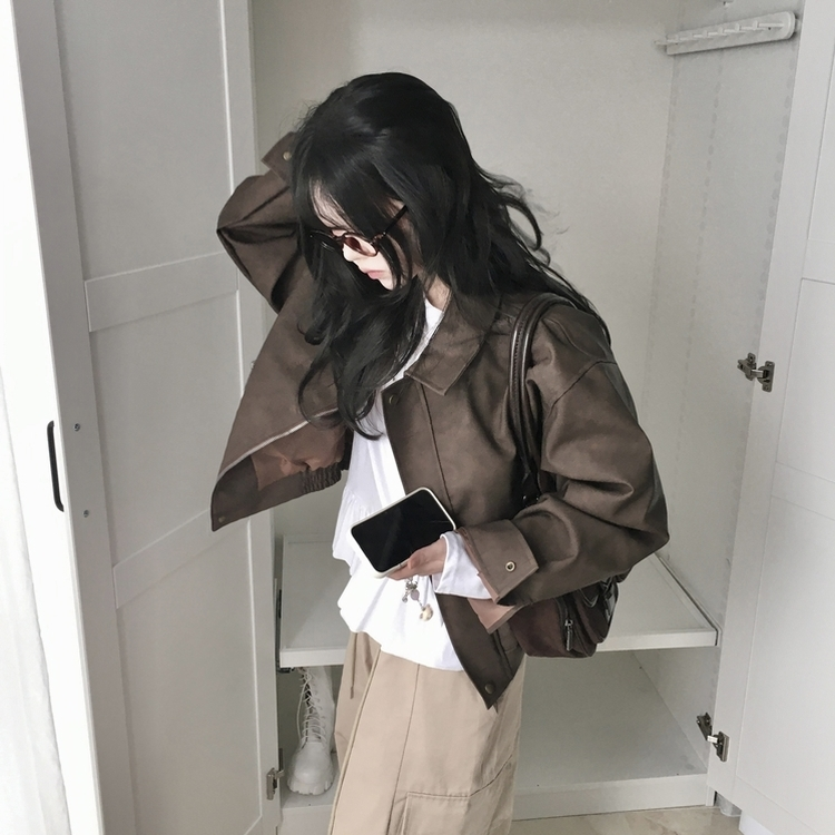 소프트 세미크롭 스웨이드 레더 빈티지 워싱 집업 카라 자켓 밤색