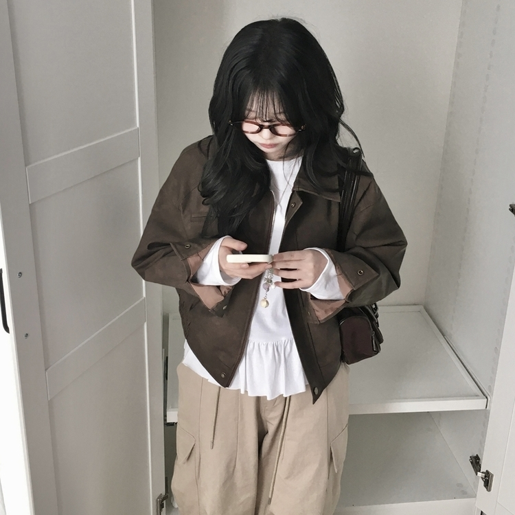 소프트 세미크롭 스웨이드 레더 빈티지 워싱 집업 카라 자켓 밤색