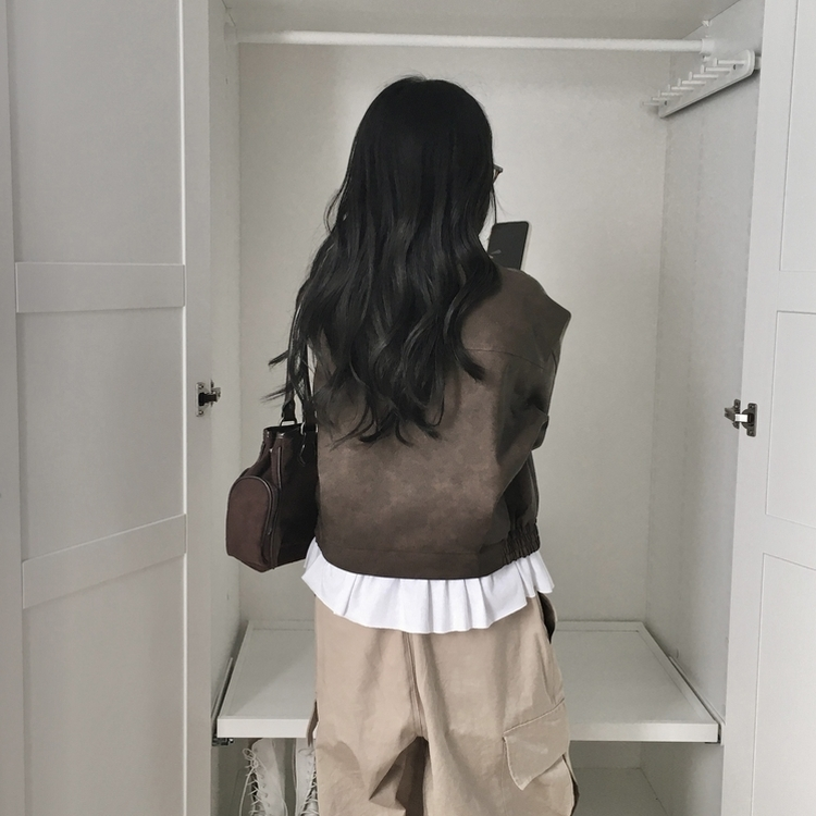 소프트 세미크롭 스웨이드 레더 빈티지 워싱 집업 카라 자켓 밤색