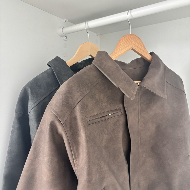 소프트 세미크롭 스웨이드 레더 빈티지 워싱 집업 카라 자켓