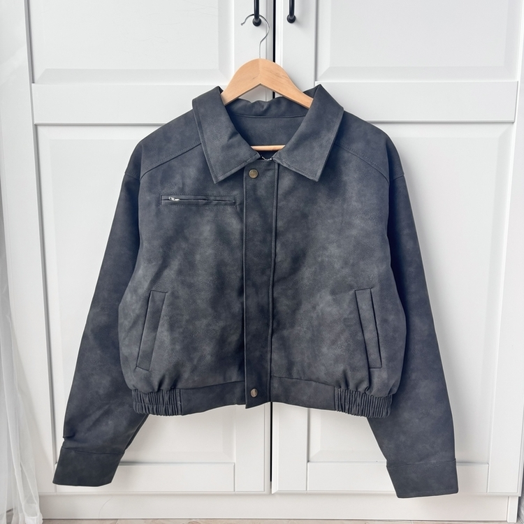 소프트 세미크롭 스웨이드 레더 빈티지 워싱 집업 카라 자켓