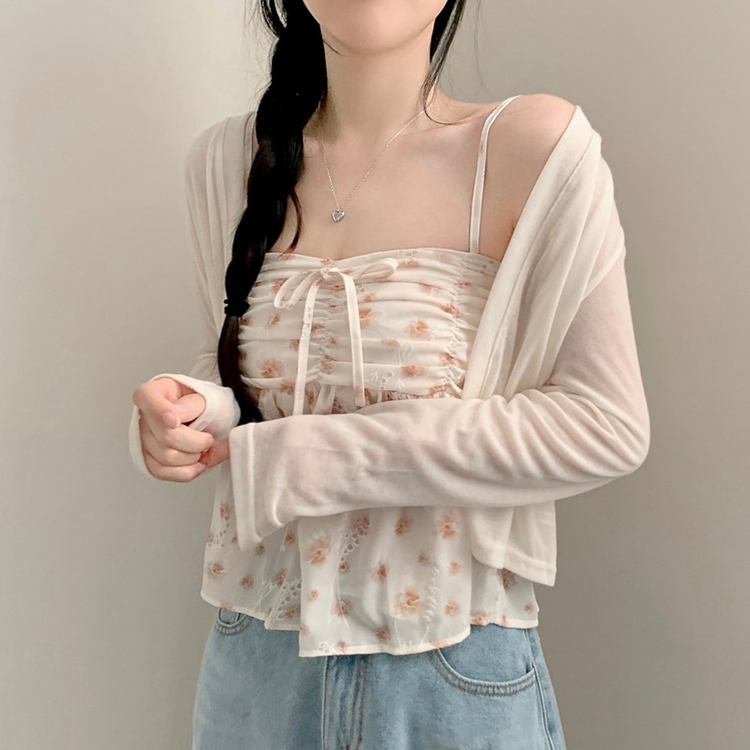 【SET】フラワーシフォンカーディガン+リボンキャミソール BEIGE