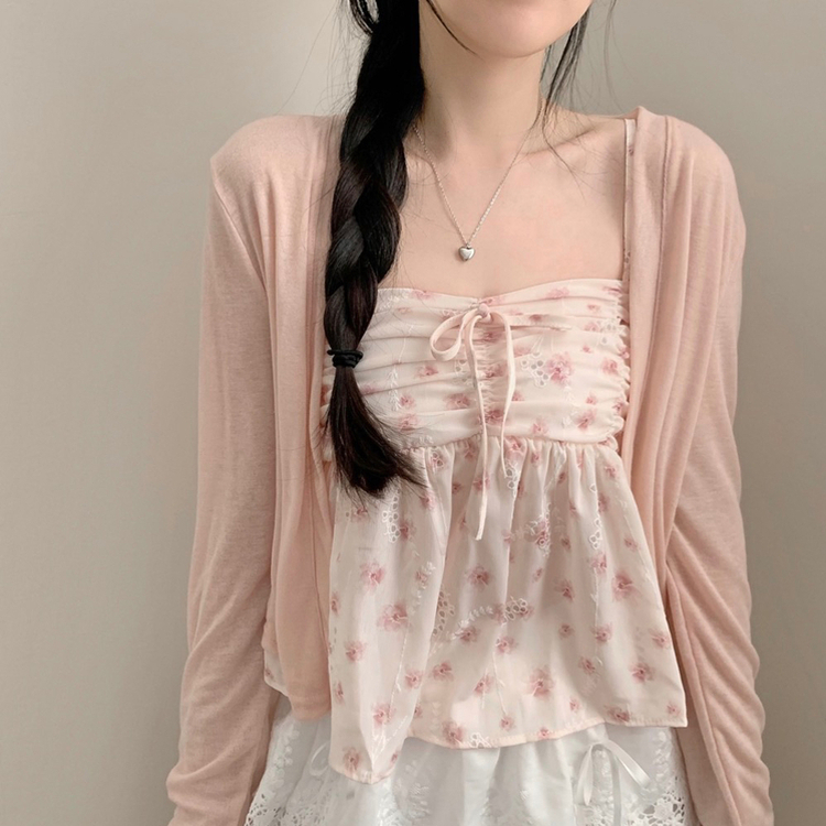 【SET】フラワーシフォンカーディガン+リボンキャミソール PINK