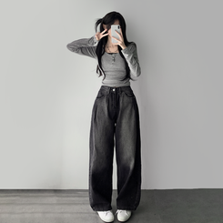 デニム ウォッシングワイドロングデニムジーンズ BLACK DENIM
