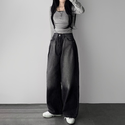 デニム ウォッシングワイドロングデニムジーンズ BLACK DENIM
