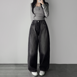 デニム ウォッシングワイドロングデニムジーンズ BLACK DENIM
