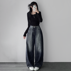 デニム ウォッシングワイドロングデニムジーンズ DARK DENIM