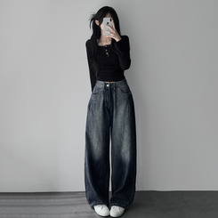 デニム ウォッシングワイドロングデニムジーンズ DARK DENIM