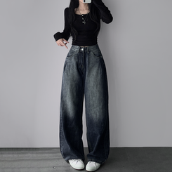 デニム ウォッシングワイドロングデニムジーンズ DARK DENIM